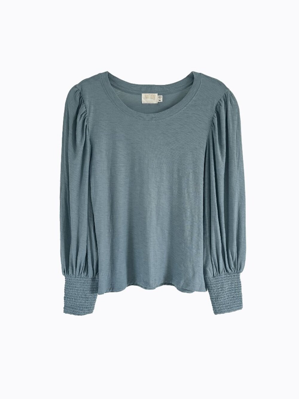 Anthropologie Nation Loren Tee Med Blue Pima Cotton Puff Shoulder Smocked Cuff